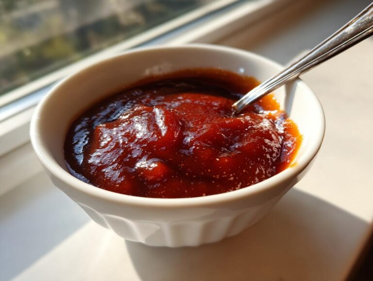 Close-up of thick, glossy, homemade bbq sauce in a small white bowl with a spoon resting in it.