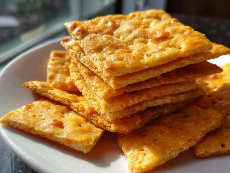 Close-up of a stack of golden, square homemade cheese crackers resting on a white plate.