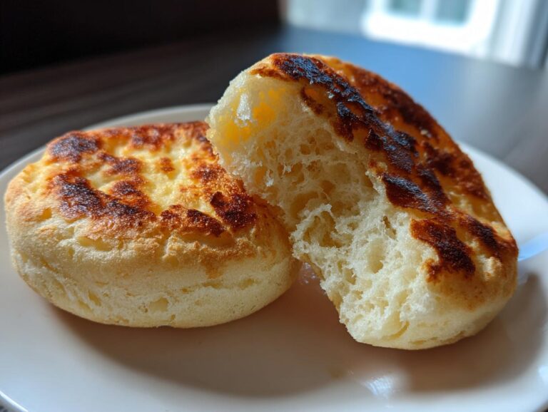Two golden-brown homemade english muffins on a white plate, one split open revealing the airy, craggy interior.