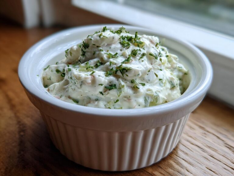 Close-up of homemade tartar sauce recipe, creamy white sauce with visible relish and topped with fresh parsley.