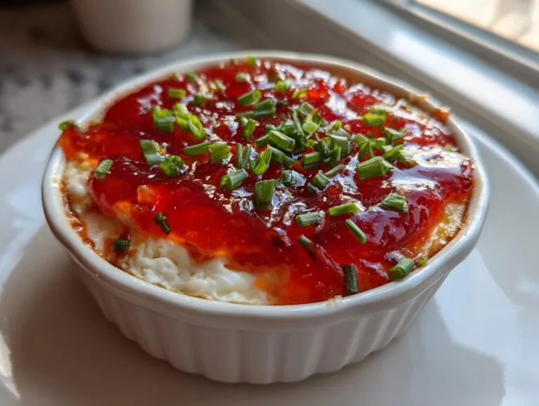 Close-up of a baked pepper jelly cheese dip topped with bright red jelly and fresh chives in a white ramekin.