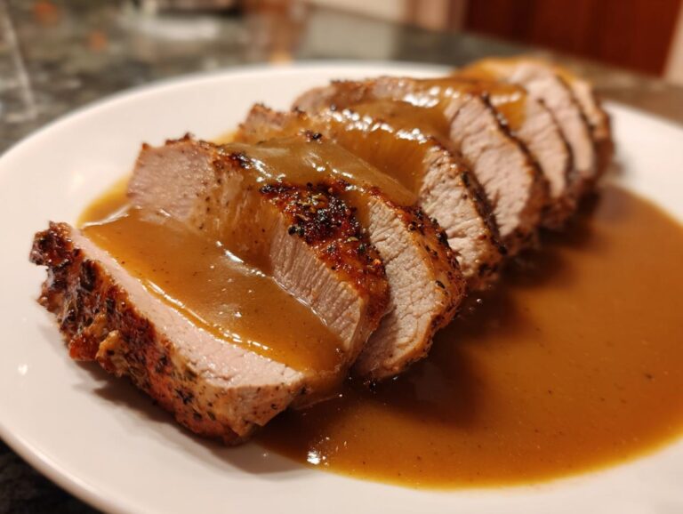 Slices of perfectly cooked instant pot turkey breast covered in rich brown gravy on a white plate.