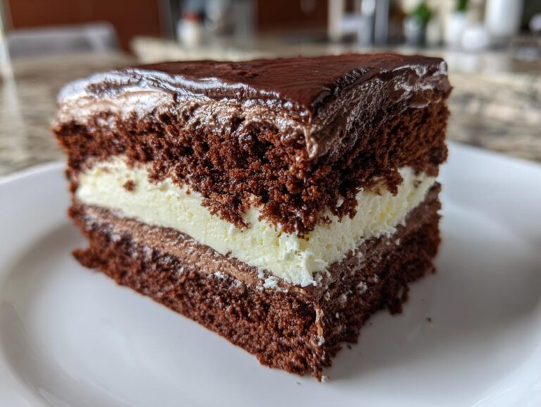 Close-up of a slice of Italian Love Cake showing dark chocolate layers and a thick white cream filling.