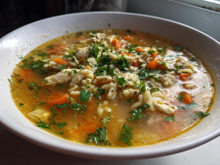 A close-up of a white bowl filled with steaming italian penicillin soup, featuring chicken, carrots, orzo pasta, and fresh parsley.