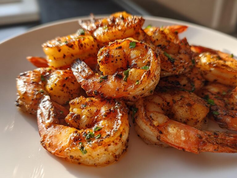 Close-up of perfectly cooked, seasoned air fryer shrimp piled on a white plate, showing a golden-brown exterior.