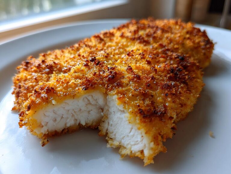 A close-up of juicy parmesan crusted chicken, showing the golden crust and white, tender interior.