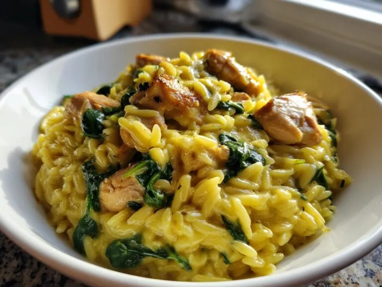 Close-up of creamy, yellow lemon chicken orzo mixed with wilted spinach and topped with golden chicken pieces.