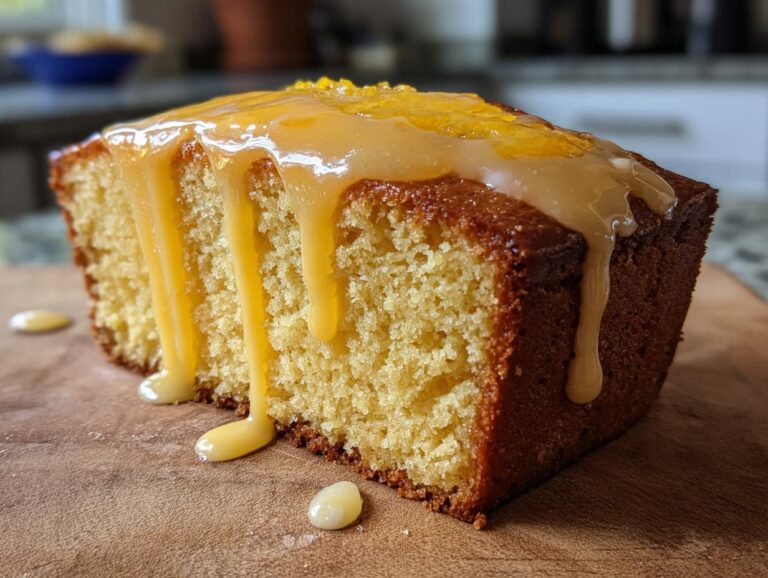 A moist slice of lemon pound cake topped with thick, dripping lemon glaze and zest.