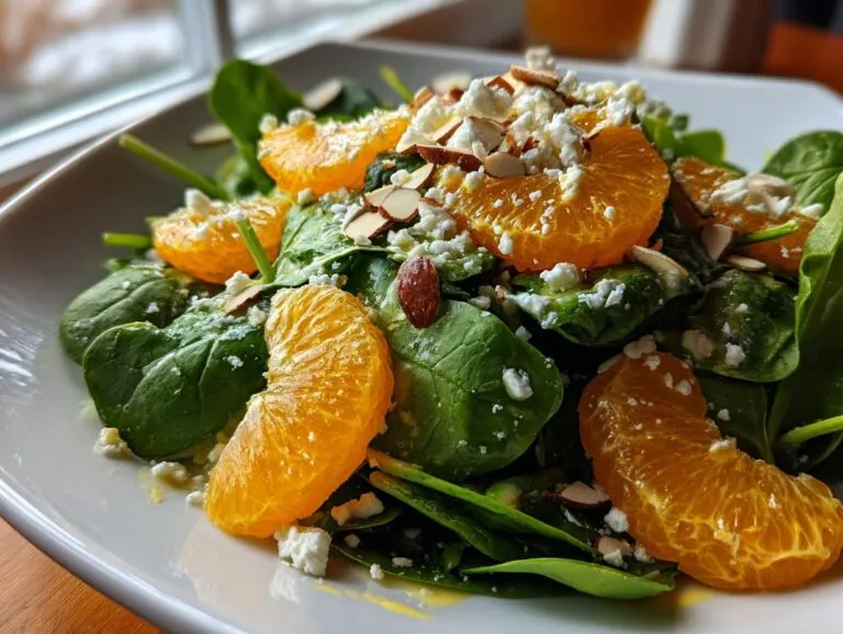 Close-up of a vibrant mandarin orange salad featuring spinach, feta cheese crumbles, and sliced almonds.