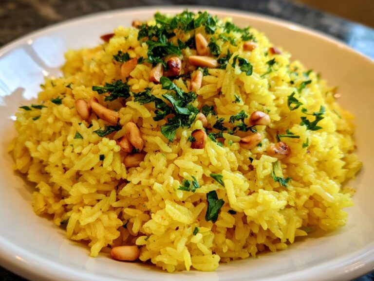 A close-up of vibrant yellow mediterranean rice garnished with toasted pine nuts and fresh chopped parsley.