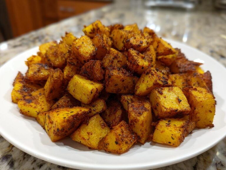 A mound of golden, cubed Mexican potatoes, heavily seasoned and roasted until slightly charred, served on a white plate.