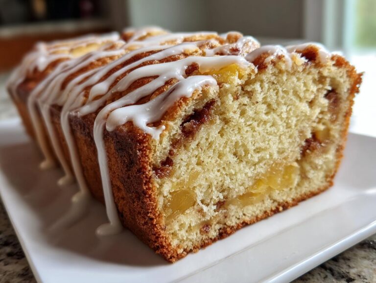 Close-up of moist apple bread slices topped with a sweet white glaze drizzle, showing chunks of apple inside.