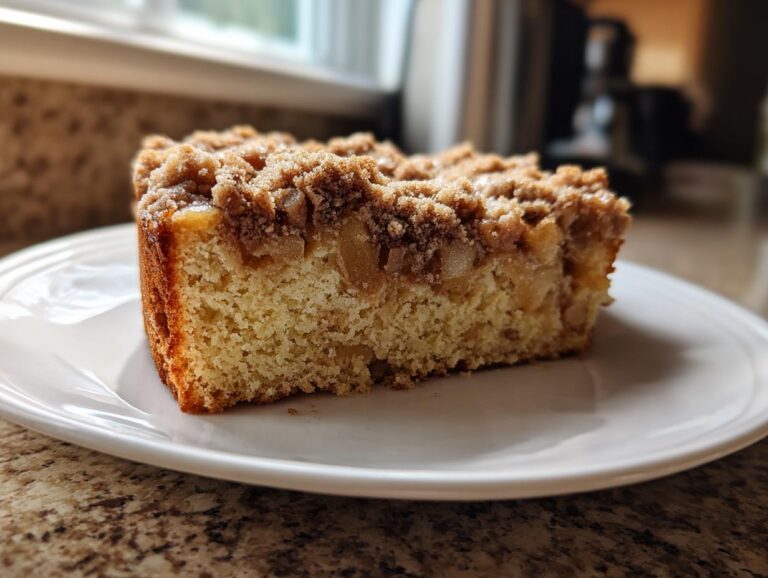 A close-up view of a moist slice of apple coffee cake featuring a thick, sugary crumb topping served on a white plate.