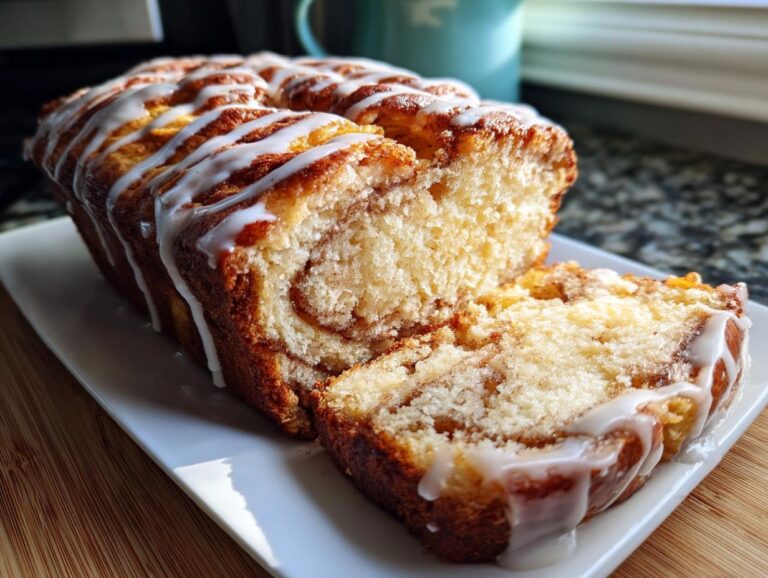 A loaf of moist apple fritter bread, sliced to show the cinnamon swirl, topped with white vanilla glaze.