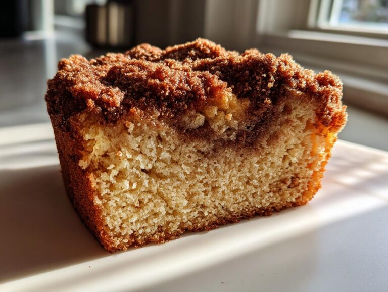 Close-up of a moist slice of sour cream coffee cake showing the tender crumb and thick cinnamon streusel topping.