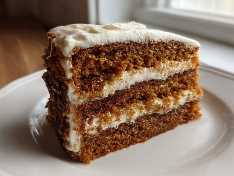 A close-up of a thick, moist slice of layered spice cake topped with white cream cheese frosting.