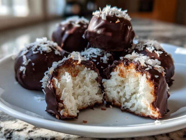A pile of chocolate-dipped coconut balls, one is broken open showing the shredded white coconut filling and topped with flakes.