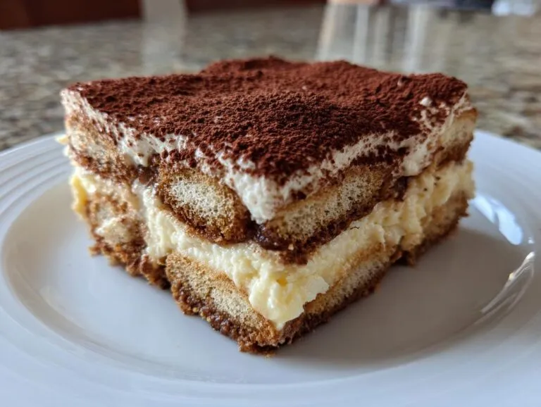 A decadent square slice of no-bake tiramisu recipe featuring layers of ladyfingers, cream, and dusted with cocoa powder.