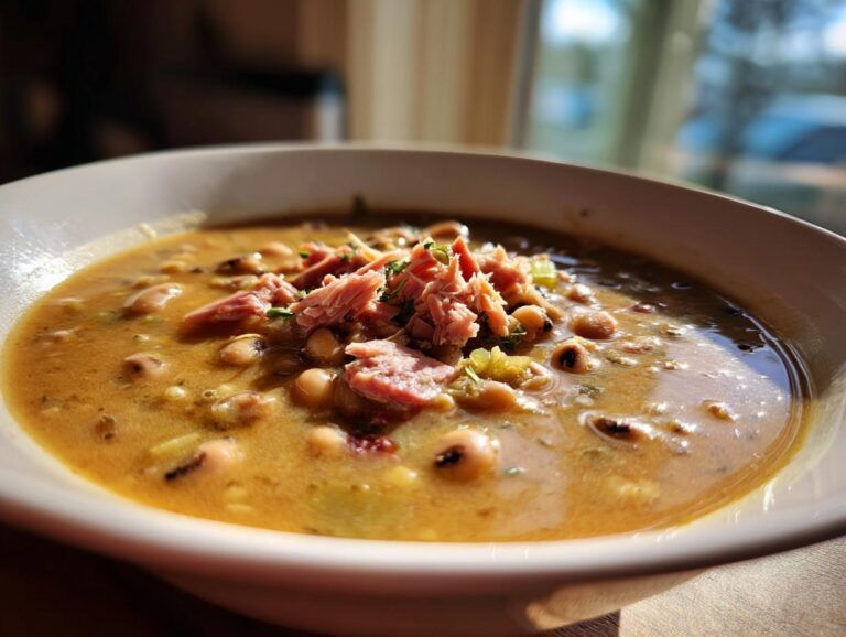 Close-up of a rich, creamy bowl of black eyed peas stew topped with shredded ham and herbs.