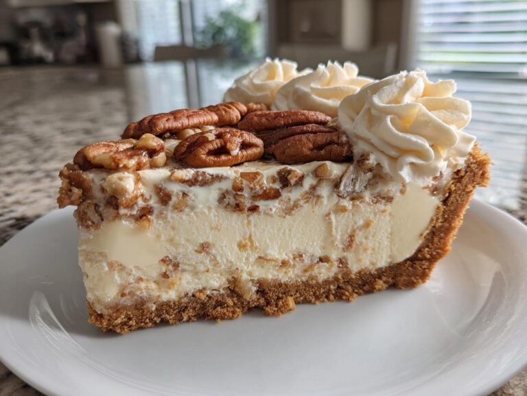 A thick slice of pecan cream pie featuring a graham cracker crust, creamy filling, pecans, and piped whipped cream.
