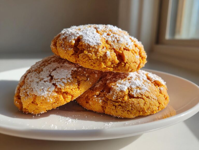Three bright orange persimmon cookies dusted with powdered sugar stacked on a white plate.