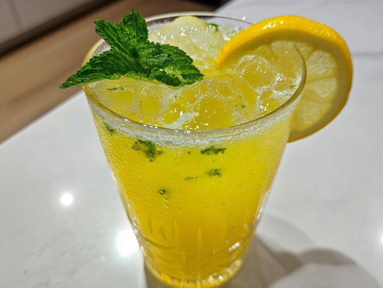 Close-up of a tall, chilled glass of bright yellow lemonade garnished with fresh mint and a lemon slice.