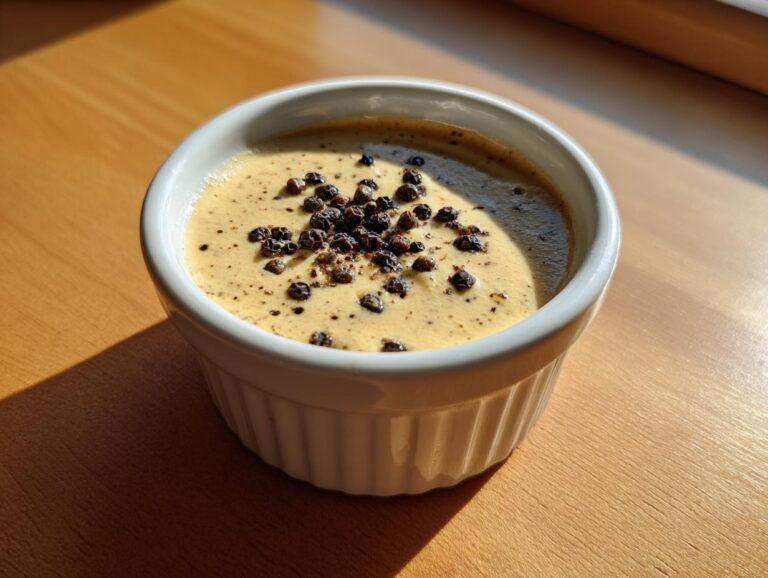 A small white ramekin filled with creamy peppercorn sauce, topped generously with whole black peppercorns.