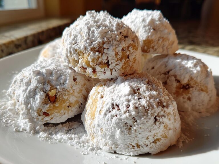 A close-up of several delicious russian tea cakes heavily dusted with white powdered sugar on a white plate.