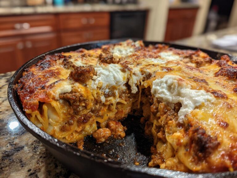 A close-up view of a rich, bubbling skillet lasagna featuring layers of pasta, meat sauce, and dollops of ricotta cheese.