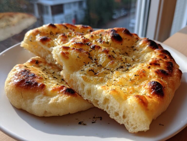 Close-up of two pieces of fluffy skillet naan bread, golden brown with charred spots and herbs.