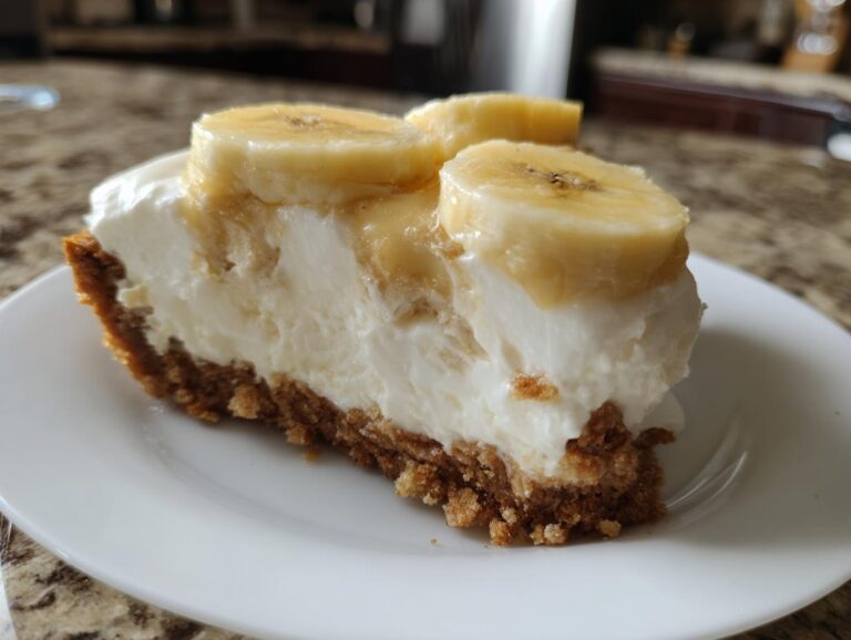 A close-up of a thick slice of banana cream cheesecake with a graham cracker crust and fresh banana slices on top.