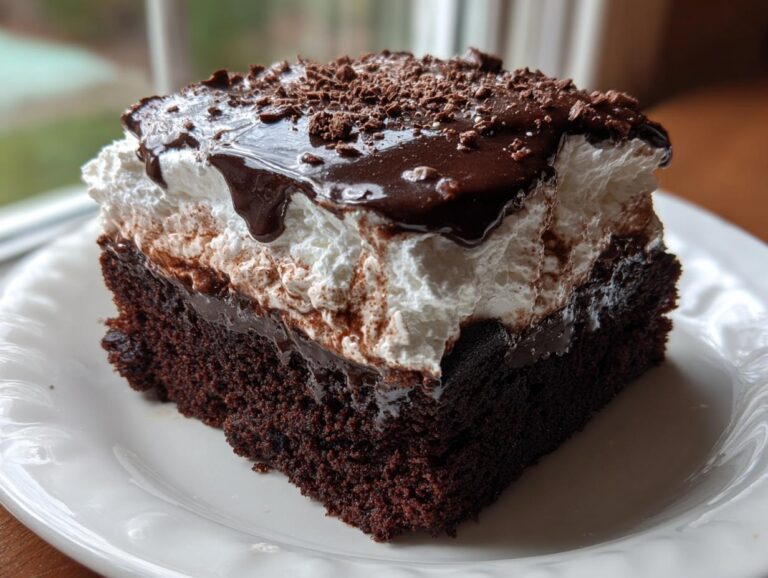 A moist slice of chocolate poke cake topped with thick white frosting, rich chocolate glaze, and sprinkles.