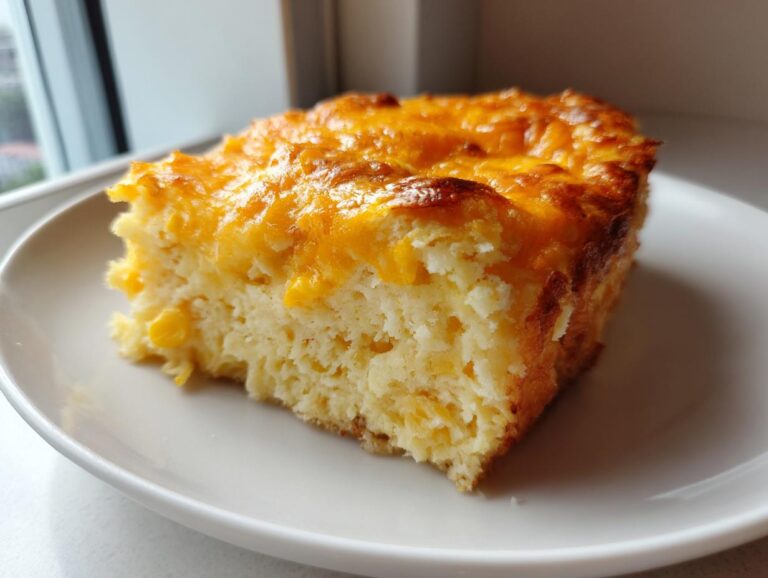 A square slice of baked cream cheese corn casserole with a golden, melted cheese topping.
