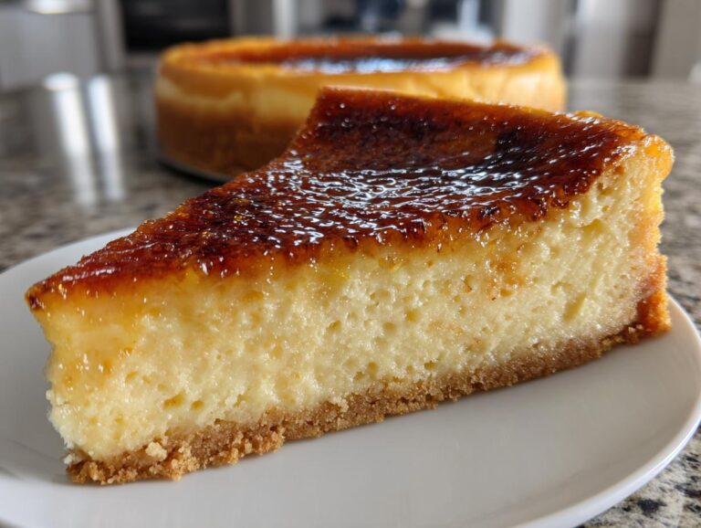 A close-up of a slice of creme brulee cheesecake showing the creamy filling and caramelized sugar topping.