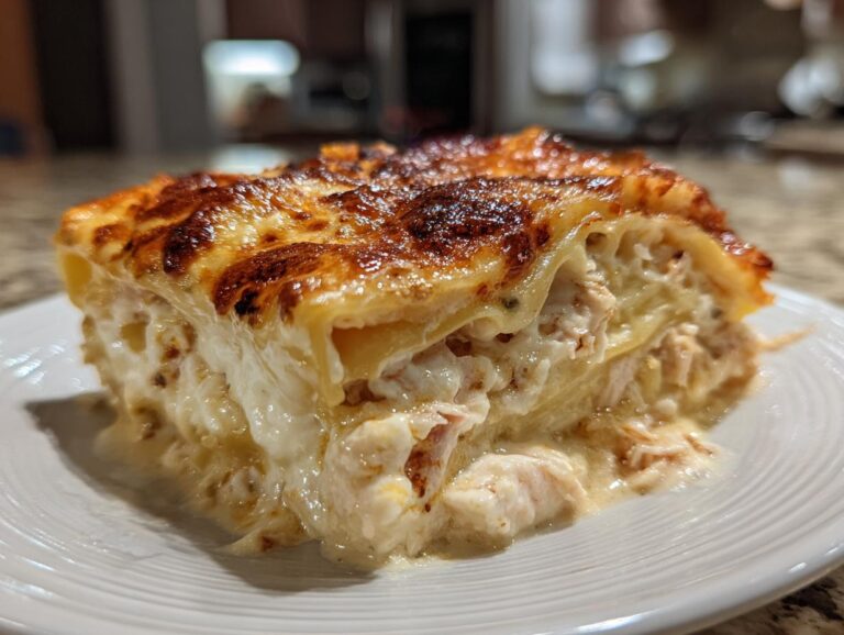 A close-up shot of a rich, creamy slice of chicken lasagna with a golden-brown, bubbly cheese topping.