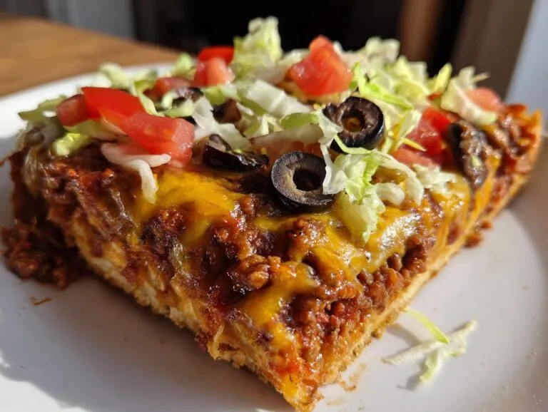 Close-up of a thick slice of mexican pizza featuring seasoned ground beef, melted cheddar cheese, lettuce, tomatoes, and black olives.