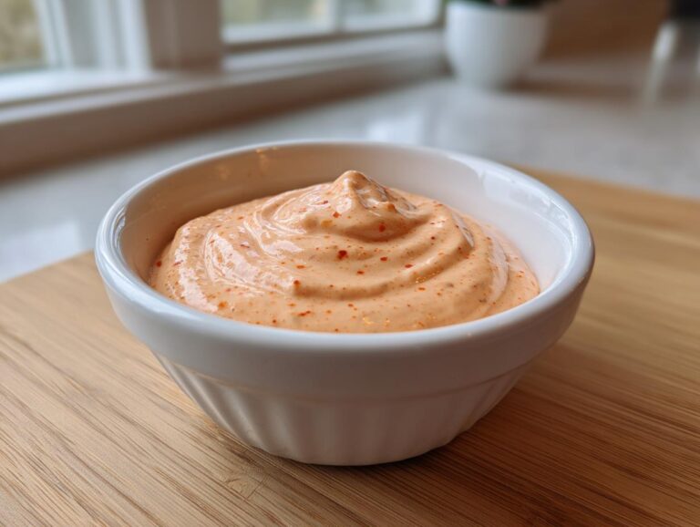 A close-up of creamy, orange-hued smash burger sauce speckled with red spices, served in a small white bowl.