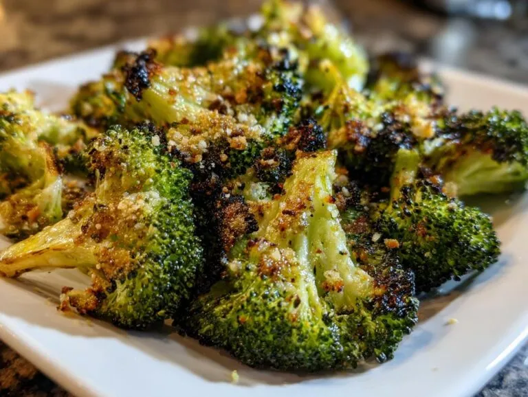 Close-up of roasted and slightly charred smashed broccoli florets topped with golden breadcrumbs.