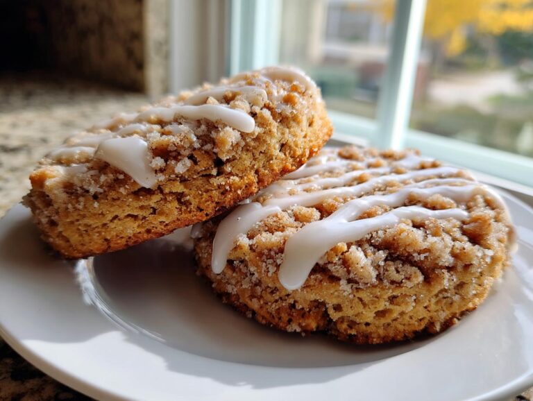 Two soft coffee cake cookies stacked slightly on a white plate, topped with brown sugar crumble and white glaze.