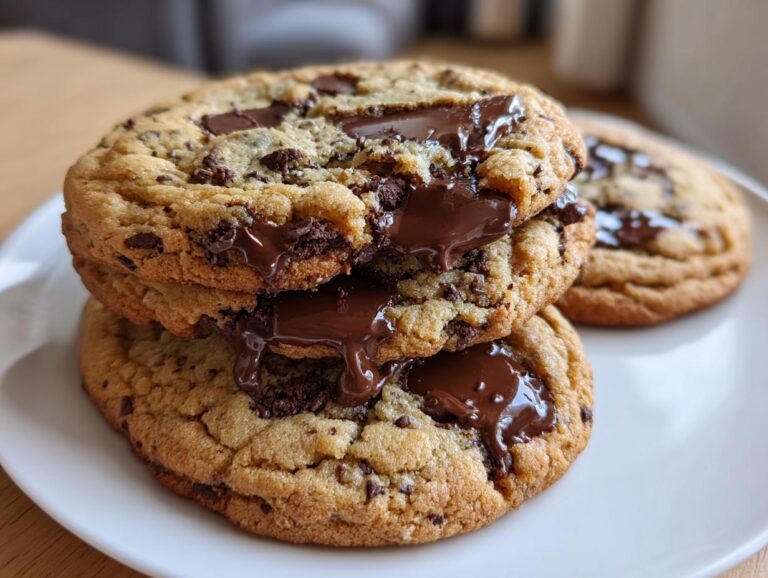A stack of three gooey sourdough chocolate chip cookies with melted chocolate oozing out.