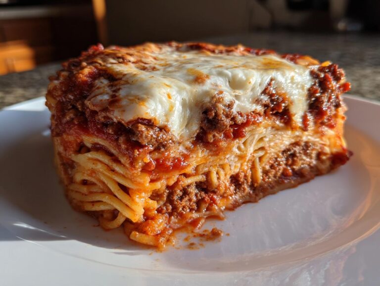 A thick, square slice of baked spaghetti pie with layers of pasta, meat sauce, and melted mozzarella cheese on a white plate.