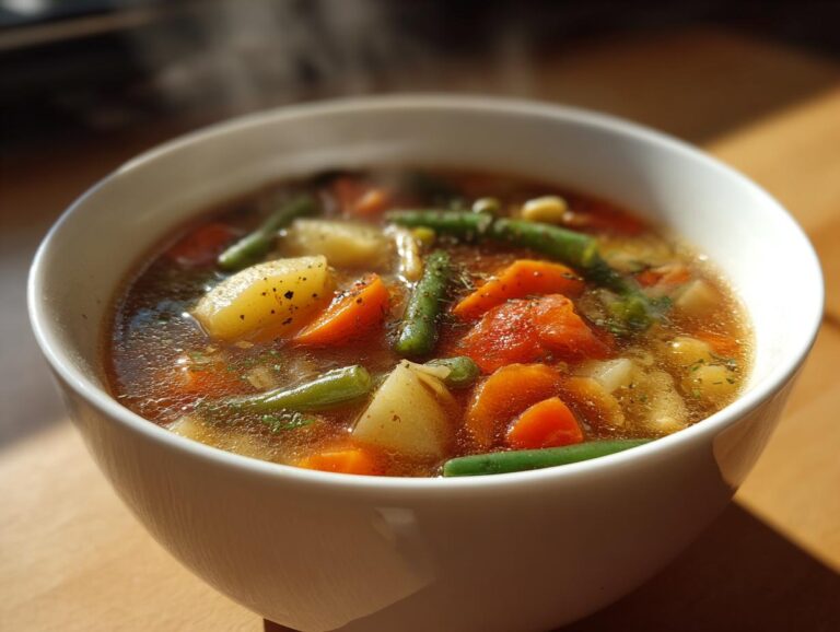 A close-up of a steaming white bowl filled with chunky, clear broth vegetable soup featuring carrots, potatoes, and green beans.