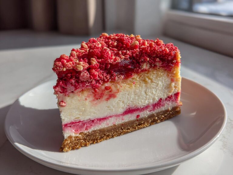 A perfect slice of strawberry crunch cheesecake with a graham cracker crust and bright red topping.