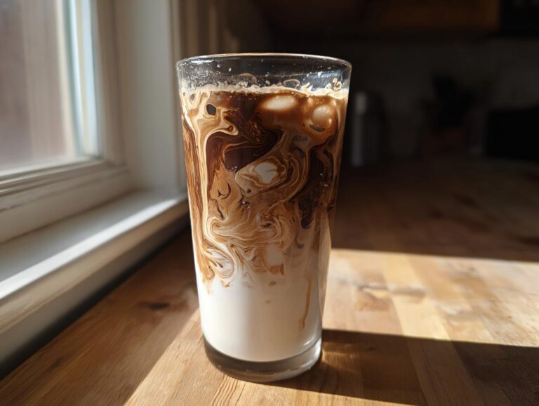 A tall glass showing rich swirls of dark chocolate syrup mixing with white milk, creating beautiful patterns in this iced chocolate milk.