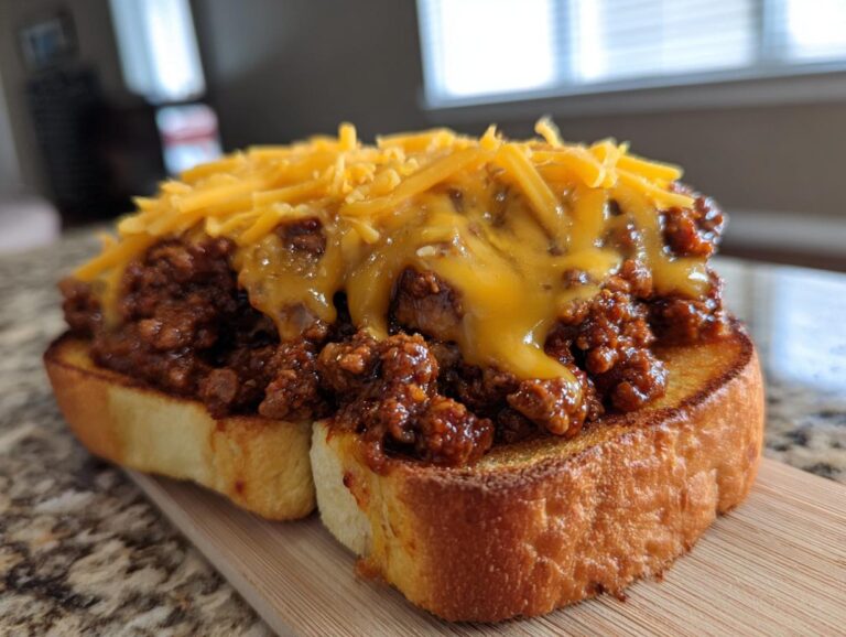 Close-up of a generous serving of saucy meat mixture topping toasted Texas toast, covered in melted cheddar cheese.