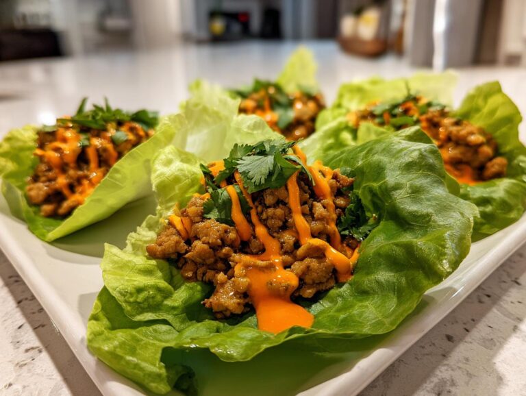 Four servings of thai chicken lettuce wraps filled with seasoned ground chicken, drizzled with orange sauce, and topped with cilantro.