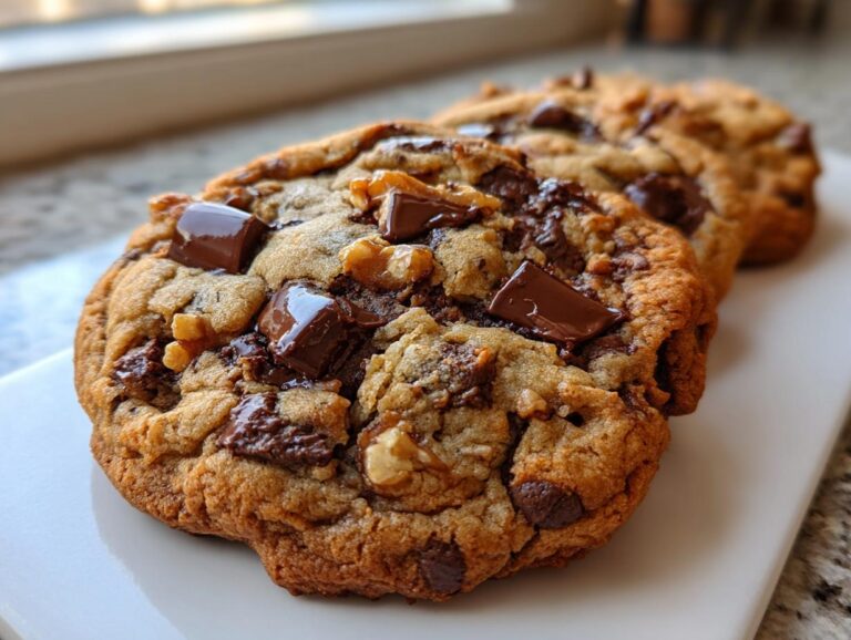 Close-up of a thick, gooey levain bakery chocolate chip cookie topped with large chocolate chunks and walnuts.