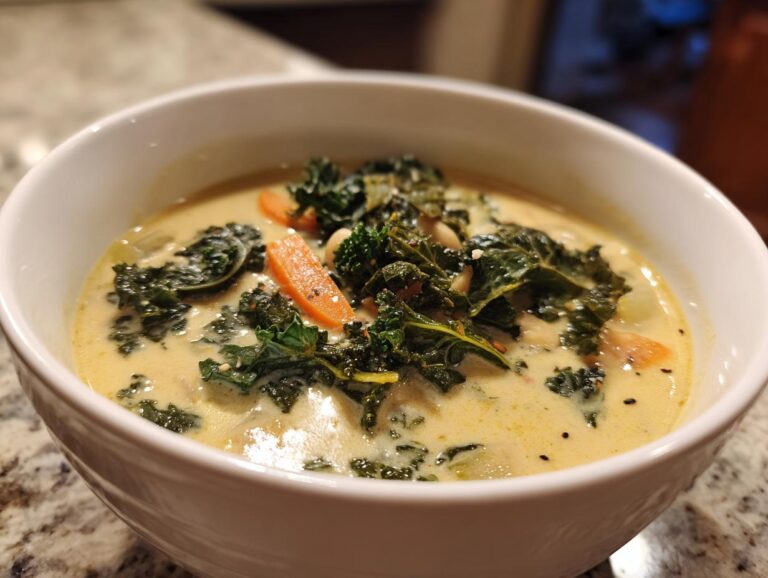 Close-up of a white bowl filled with creamy Tuscan white bean soup, topped with dark green kale and sliced carrots.