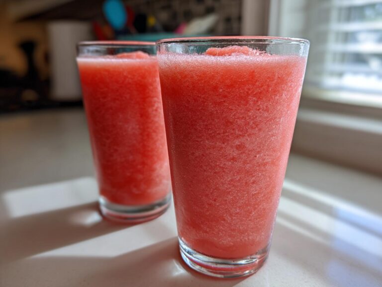 Two tall glasses filled with bright red, icy strawberry daiquiri mix sitting on a sunlit counter.