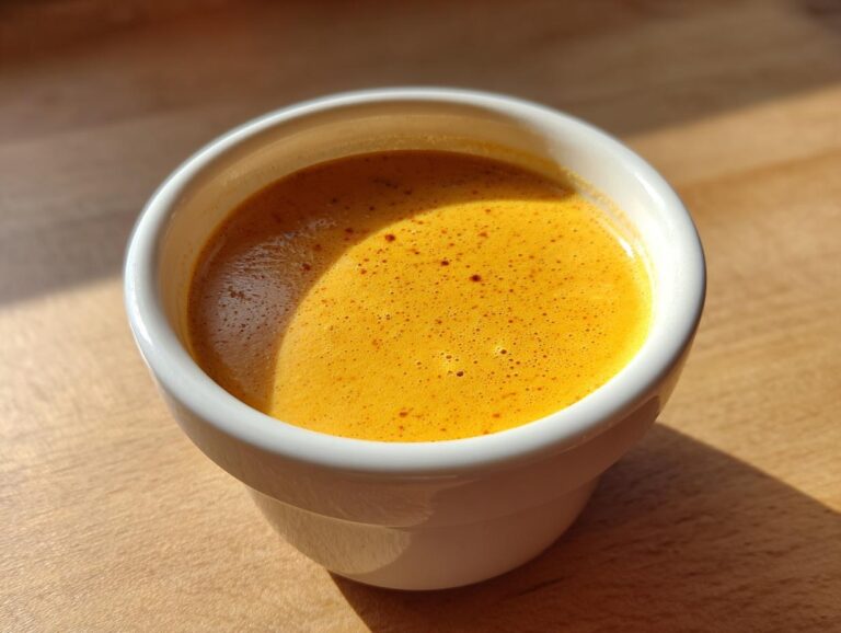 Close-up of vibrant, foamy nacho cheese sauce served in a small white ramekin on a wooden surface.
